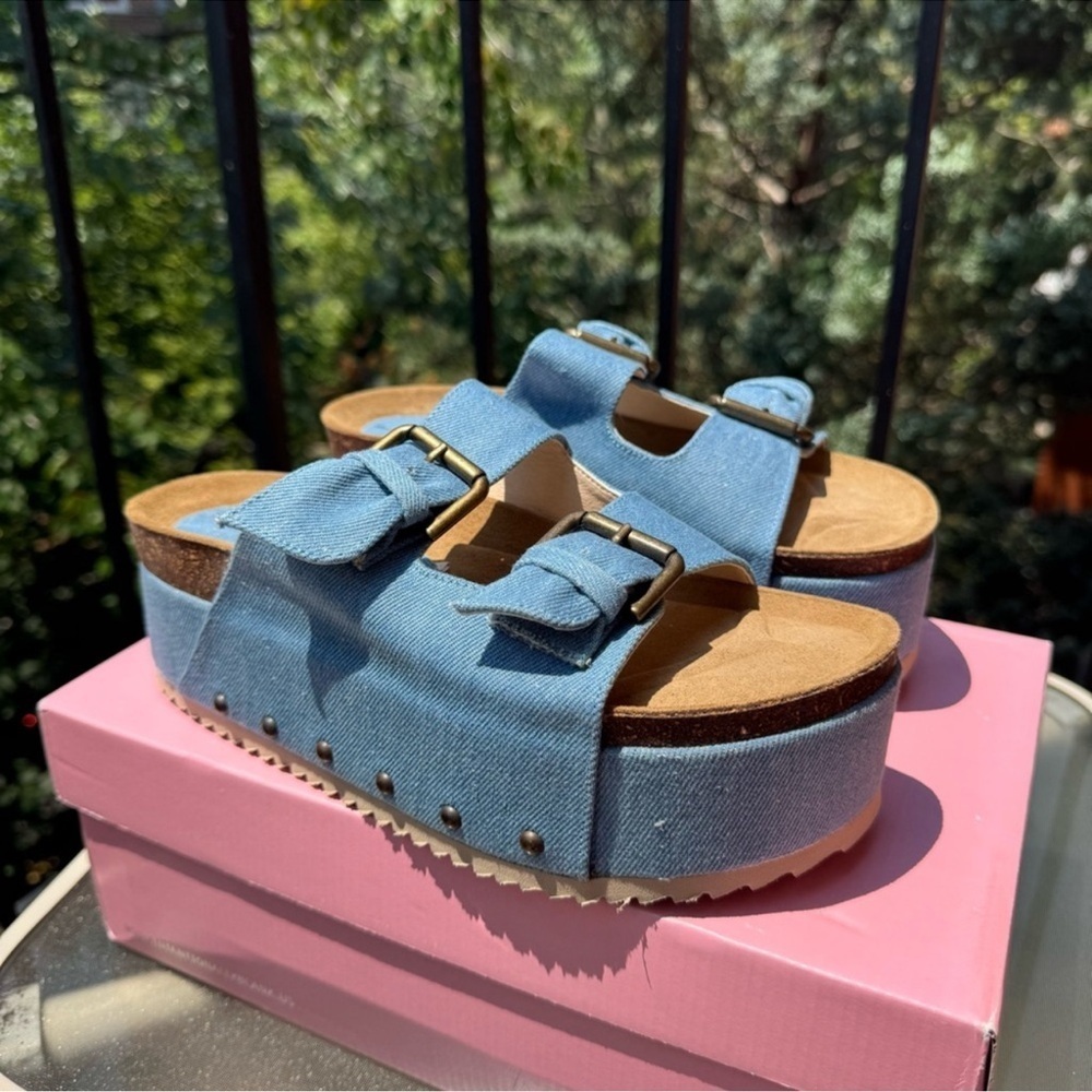 New Free People Rule Breaker Platform Sandals Denim Blue - Picture 10 of 13